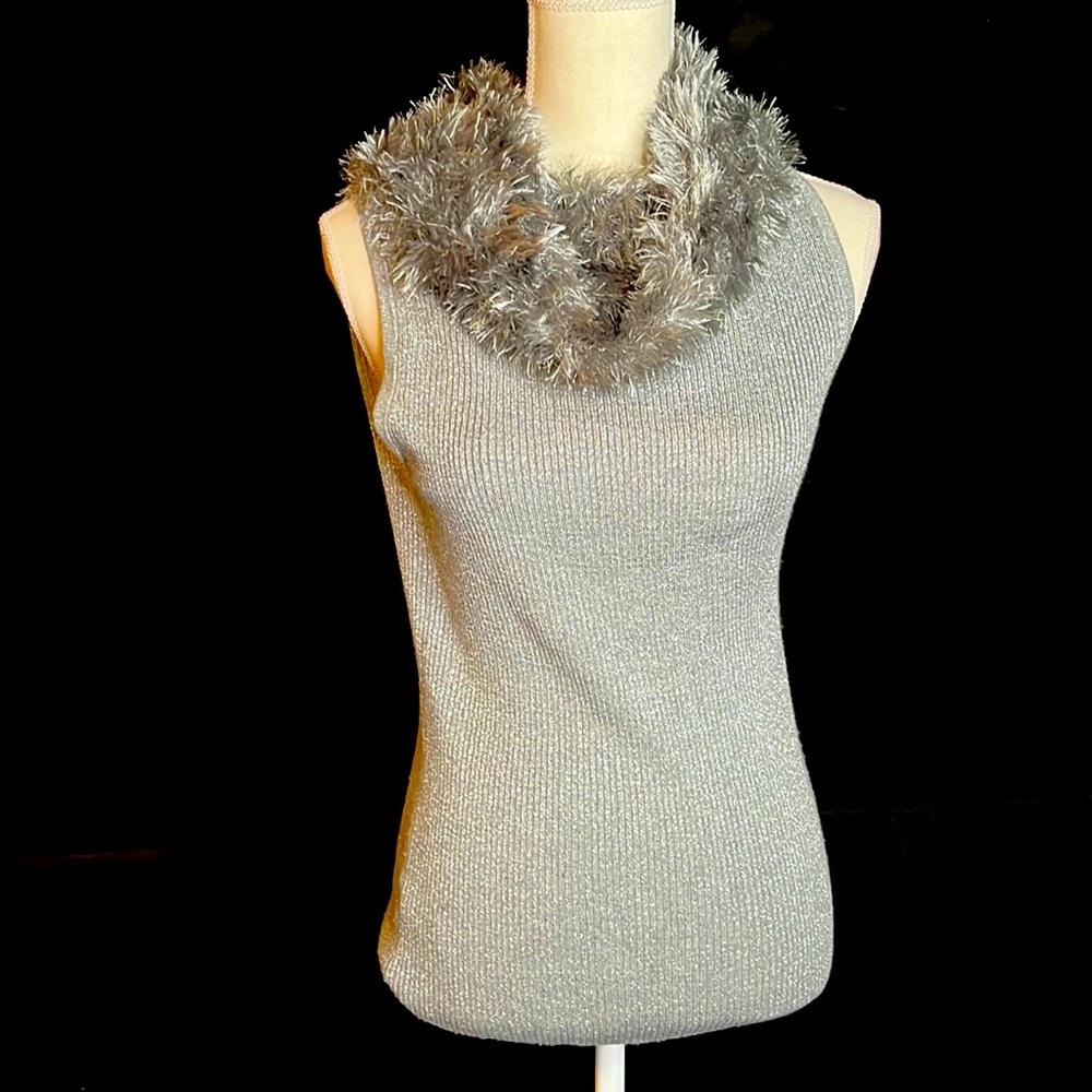 Sams of Fifth BLACK Metallic Knit Fur Collared Tank Top. Never worn